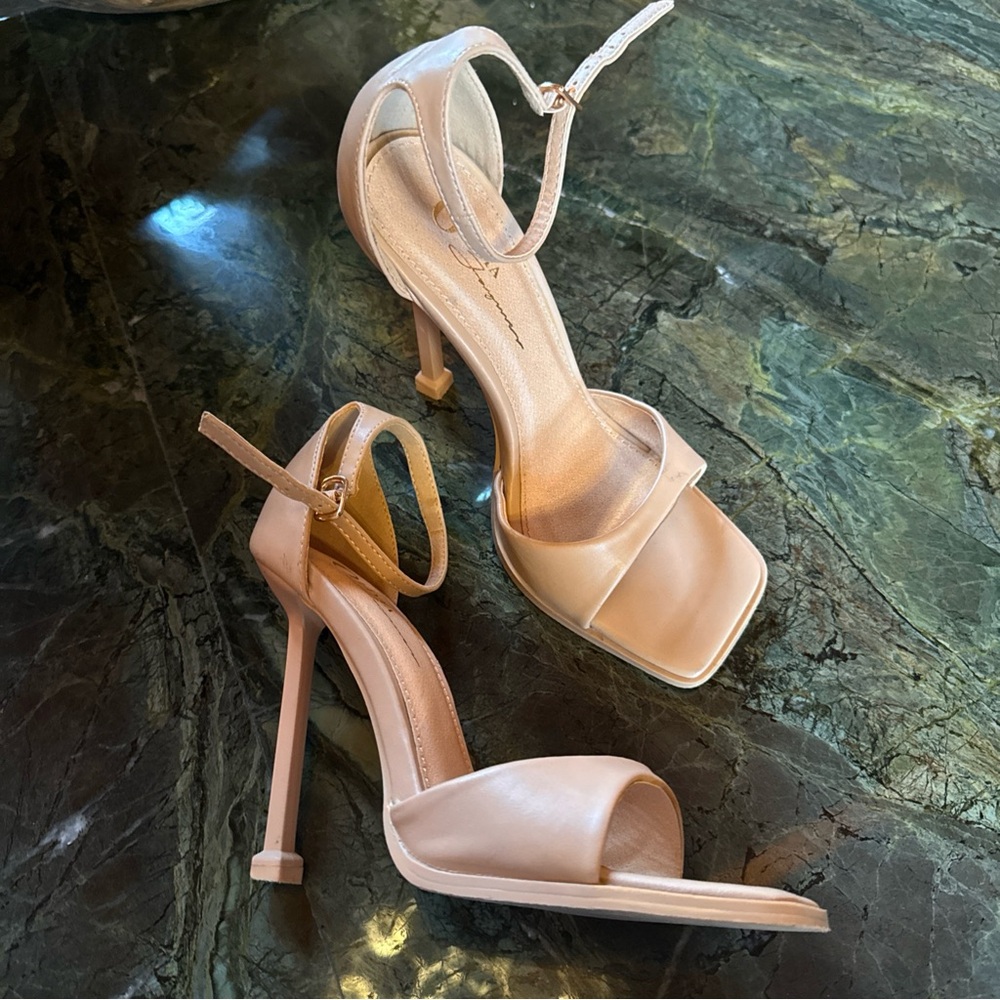 Open Toe Nude Beige Vegan Leather Strappy Heels 8 Shoes Ankle Strap